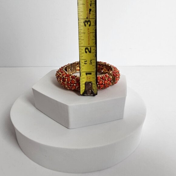 Kenneth Jay Lane Style Coral Red Orange Cabochon Hinged Heavy Bangle Bracelet - Picture 13 of 16